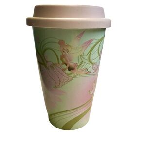 Disney Parks Tinkerbell Wild Roses Elegant Travel Mug Pink Green dragonfly